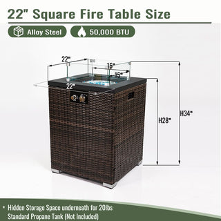 22" Propane Gas Fire Pit Table, 50000 BTU Square Steel Fire Pit with Beautiful Wicker Base for Outside Patio Deck Garden Backyard-Black