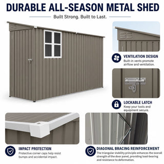 4x9 FT Galvanized Steel Storage Shed with Translucent Window, Metal Garden Tool Shed for Backyard & Garden – Olive Gray