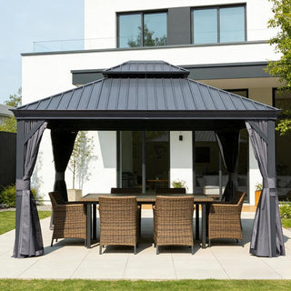 Hardtop Gazebo with Galvanized Steel Double Roof, Metal Gazebos with Drainage System Patio Pergola for Patio Deck Backyard,Curtain and Netting
