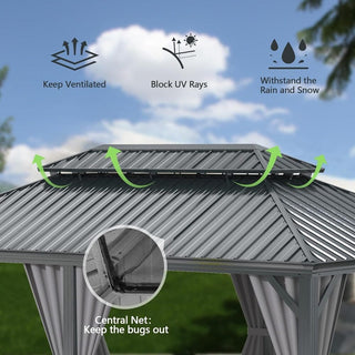 Hardtop Gazebo with Galvanized Steel Double Roof, Metal Gazebos with Drainage System Patio Pergola for Patio Deck Backyard,Curtain and Netting