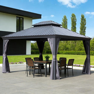 Hardtop Gazebo with Galvanized Steel Double Roof, Metal Gazebos with Drainage System Patio Pergola for Patio Deck Backyard,Curtain and Netting