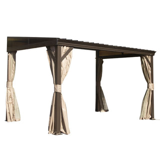 Hardtop Wall Mounted Gazebo with Sloping Galvanized Steel Roof, Aluminum Frame, Drainage System, Curtains and Netting, for Patio, Deck, Garden, Backyard