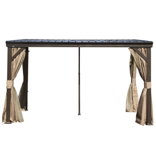 Hardtop Wall Mounted Gazebo with Sloping Galvanized Steel Roof, Aluminum Frame, Drainage System, Curtains and Netting, for Patio, Deck, Garden, Backyard