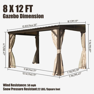 Hardtop Wall Mounted Gazebo with Sloping Galvanized Steel Roof, Aluminum Frame, Drainage System, Curtains and Netting, for Patio, Deck, Garden, Backyard