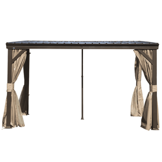 Hardtop Wall Mounted Gazebo with Sloping Galvanized Steel Roof, Aluminum Frame, Drainage System, Curtains and Netting, for Patio, Deck, Garden, Backyard