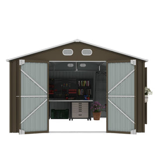 10x12 FT Outdoor Metal Storage Shed, Large Garden Shed with Sturdy Frame & Lockable Door, Weather-Resistant Tool Storage Shed for Backyard, Dark Gray/Brown