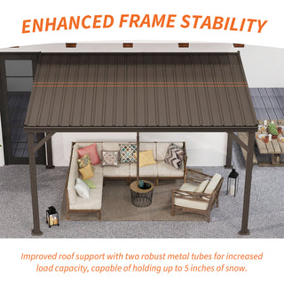Hardtop Wall Mounted Gazebo with Sloping Galvanized Steel Roof, Aluminum Frame, Drainage System, Curtains and Netting, for Patio, Deck, Garden, Backyard