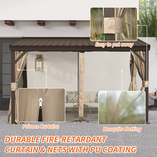 Hardtop Wall Mounted Gazebo with Sloping Galvanized Steel Roof, Aluminum Frame, Drainage System, Curtains and Netting, for Patio, Deck, Garden, Backyard