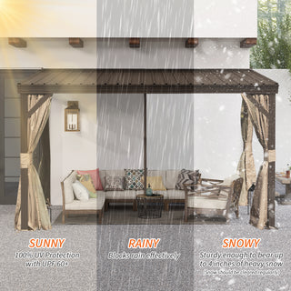 Hardtop Wall Mounted Gazebo with Sloping Galvanized Steel Roof, Aluminum Frame, Drainage System, Curtains and Netting, for Patio, Deck, Garden, Backyard