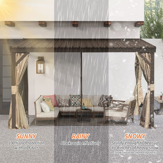 Hardtop Wall Mounted Gazebo with Sloping Galvanized Steel Roof, Aluminum Frame, Drainage System, Curtains and Netting, for Patio, Deck, Garden, Backyard