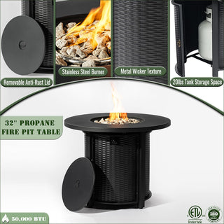 32" Propane Gas Fire Pit Table, 50000 BTU Round Steel Fire Pit for Outside Patio Deck Garden Courtyard-Black