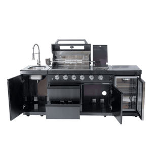 46-Inch Deluxe Outdoor Kitchen BBQ Island Grill, 4-Burner 72,000 BTU Stainless Steel with Wine Cooler, Refrigerator, Rotisserie Kit, Granite Countertop & Sink