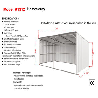 20ft x 12ft Heavy Duty Livestock Metal Shed – Steel Shelter with Skid Base
