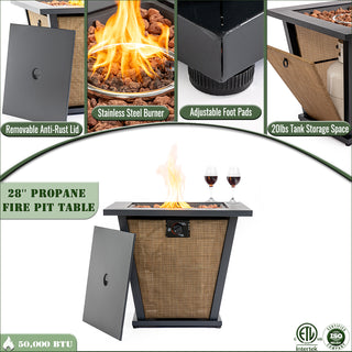 28" Propane Gas Fire Pit Table, 50000 BTU Square Steel Fire Pit for Outside Patio Deck Garden Courtyard