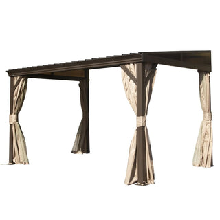 Hardtop Wall Mounted Gazebo with Sloping Galvanized Steel Roof, Aluminum Frame, Drainage System, Curtains and Netting, for Patio, Deck, Garden, Backyard