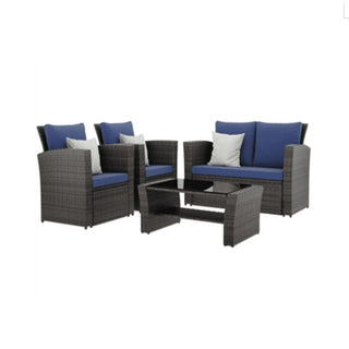 4-Piece Wicker Patio Conversation Set With Glass Table and Blue/Black/Gray Cushions