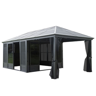 11x21FT Outdoor Sunroom, All Season Solarium Gazebo with Galvanized Steel Roof, Detachable PE Screen, 2 Lockable Sliding Door, Hardtop Gazebo with Netting and Curtains for Patio Deck Garden