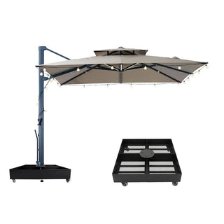 10×10 FT Double Top Aluminum Cantilever Patio Umbrella with LED Lights & Hook – Offset Outdoor Umbrella in Navy Blue/Tan/Gray