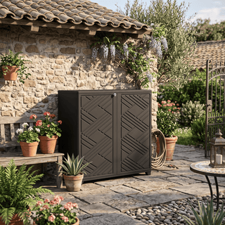 75 Gal. Diamond-Pattern Resin Outdoor Storage Cabinet, Patio & Garden Storage Organizer – White/Black