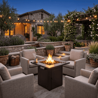 50,000 BTU Outdoor Propane Fire Pit Table, ETL Certified Gas Fire Pit with Side Door, Wood-Look Tabletop & X-Shaped Base