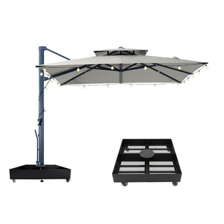 10 FT Square Aluminum Cantilever Patio Umbrella with Hook – Offset Outdoor Umbrella in Navy Blue/Tan/Gray for Patio & Garden