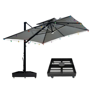 10×10 FT Double Top Aluminum Cantilever Patio Umbrella with LED Lights & Hook – Offset Outdoor Umbrella in Navy Blue/Tan/Gray