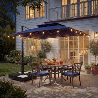 10 FT Square Aluminum Cantilever Patio Umbrella with Hook – Offset Outdoor Umbrella in Navy Blue/Tan/Gray for Patio & Garden
