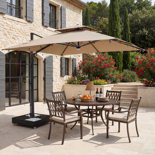 10×10 FT Double Top Aluminum Cantilever Patio Umbrella with LED Lights & Hook – Offset Outdoor Umbrella in Navy Blue/Tan/Gray