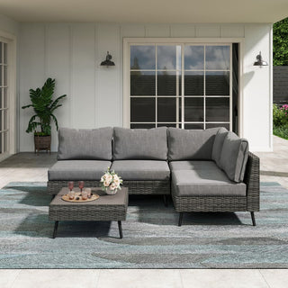 5 Pieces All-Weather PE Wicker Outdoor Sectional Sofa Set, Rattan Patio Conversation Set with Thick Cushions and Coffee Table