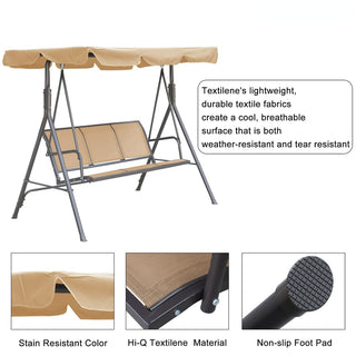 3-Person Beige Patio Swing Chair with Adjustable Waterproof Canopy for Outdoor Garden Backyard