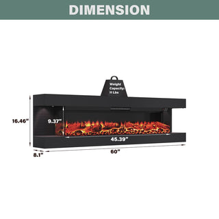 50"/60"/72" Wall-Mounted Electric Fireplace with Suspended LED Lighting, Modern Indoor Fireplace for Living Room