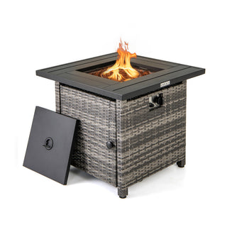 29 Inch Propane Rattan Firepit Table with Lava Rocks and Protective Cover