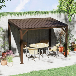 Wall Mounted Gazebos Pergola with Built in Drainage System, Galvanized Steel Roof