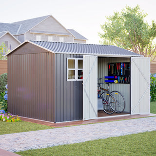10x8 Ft Oversized Steel Storage Shed with Window, Lockable Double Doors & Sloped Roof, Heavy-Duty Outdoor Garden Tool Shed for Patio, Backyard & Lawn