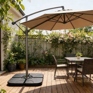 Heavy-Duty Offset Patio Umbrella Base, Refillable HDPE Stand (Water/Sand 160–220 lbs), 4-Piece Stackable Panels with Lock Pins, Weatherproof Outdoor Umbrella Support
