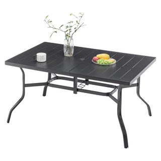 Outdoor Dining Table for 6, Powder-Coated Steel Slat Patio Table with 2.16" Umbrella Hole, Anti-Slip Pads & All-Weather E-Coated Frame for Garden & Poolside