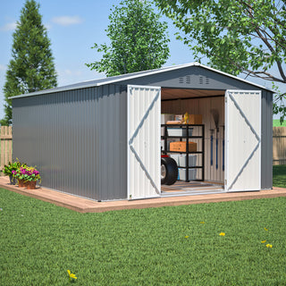 11x13 FT Metal Storage Shed with Reinforced Floor Frame, Large Outdoor Garden Tool Shed with Lockable Doors, 4 Air Vents & Weatherproof Design for Patio & Backyard