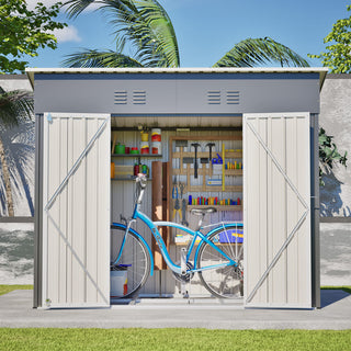 4x8 Sloped Roof Metal Storage Shed with Reinforced Frame, Weatherproof Design, 4 Air Vents, Heavy-Duty Garden Tool Shed with Left/Right Door Option
