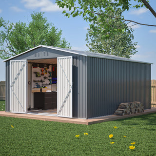 11x13 FT Metal Storage Shed with Reinforced Floor Frame, Large Outdoor Garden Tool Shed with Lockable Doors, 4 Air Vents & Weatherproof Design for Patio & Backyard