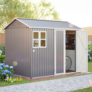8x6 Ft Heavy-Duty Steel Storage Shed with Window, Lockable Doors & Sloped Roof, Outdoor Garden Tool Shed for Backyard, Patio & Lawn – Dark Gray