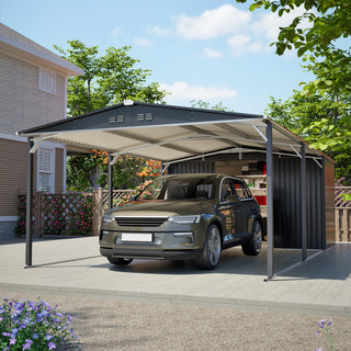 12x23 Ft Heavy-Duty Metal Carport Storage Shed, Steel Garage with Sliding Door, UV-Blocking Panel & Waterproof Sloped Roof for Car, Boat, Tractor & Farm Equipment