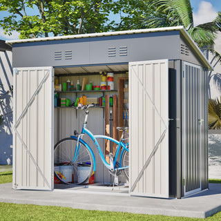 4x8 Sloped Roof Metal Storage Shed with Reinforced Frame, Weatherproof Design, 4 Air Vents, Heavy-Duty Garden Tool Shed with Left/Right Door Option