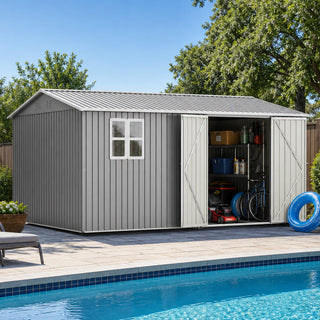 14x10 FT Large Outdoor Metal Storage Shed, 780 Cu. Ft. Garden Tool Shed with Double Doors, Built-In Foundation Frame & Air Vents, Galvanized Steel Sloped Roof for Backyard, Patio & Garden