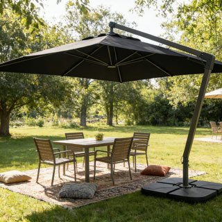 Heavy-Duty Offset Patio Umbrella Base, Refillable HDPE Stand (Water/Sand 160–220 lbs), 4-Piece Stackable Panels with Lock Pins, Weatherproof Outdoor Umbrella Support
