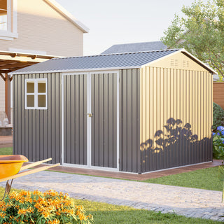 10x8 Ft Oversized Steel Storage Shed with Window, Lockable Double Doors & Sloped Roof, Heavy-Duty Outdoor Garden Tool Shed for Patio, Backyard & Lawn