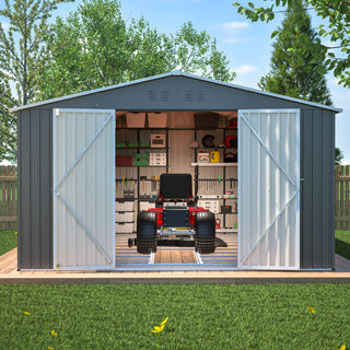 11x13 FT Metal Storage Shed with Reinforced Floor Frame, Large Outdoor Garden Tool Shed with Lockable Doors, 4 Air Vents & Weatherproof Design for Patio & Backyard