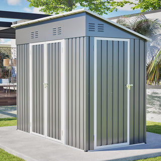 4x8 Sloped Roof Metal Storage Shed with Reinforced Frame, Weatherproof Design, 4 Air Vents, Heavy-Duty Garden Tool Shed with Left/Right Door Option