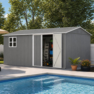 14x10 FT Large Outdoor Metal Storage Shed, 780 Cu. Ft. Garden Tool Shed with Double Doors, Built-In Foundation Frame & Air Vents, Galvanized Steel Sloped Roof for Backyard, Patio & Garden
