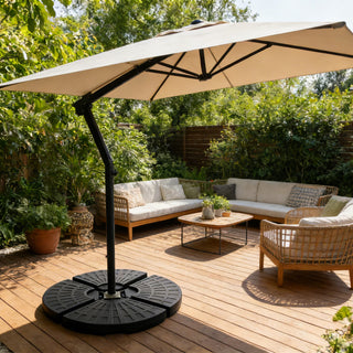 Heavy-Duty Fan-Style Cantilever Umbrella Base, 4-Panel Refillable Stand (Water/Sand up to 220 lbs), Weatherproof HDPE with Metal Lock Hooks, Stackable & Portable Design