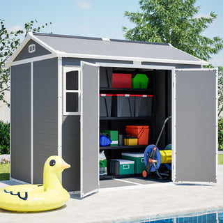 8X6 FT Plastic Outdoor Storage Shed with Floor – Lockable Garden Tool & Trash Bin Storage Shed